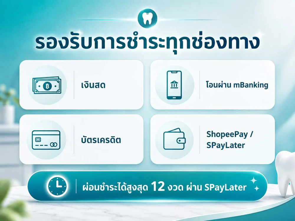 รองรับการชำระทุกช่องทาง: เงินสด, โอนผ่าน mBanking, บัตรเครดิต, ShopeePay / SPayLater — ผ่อนชำระได้สูงสุด 12 งวด ผ่าน SPayLater